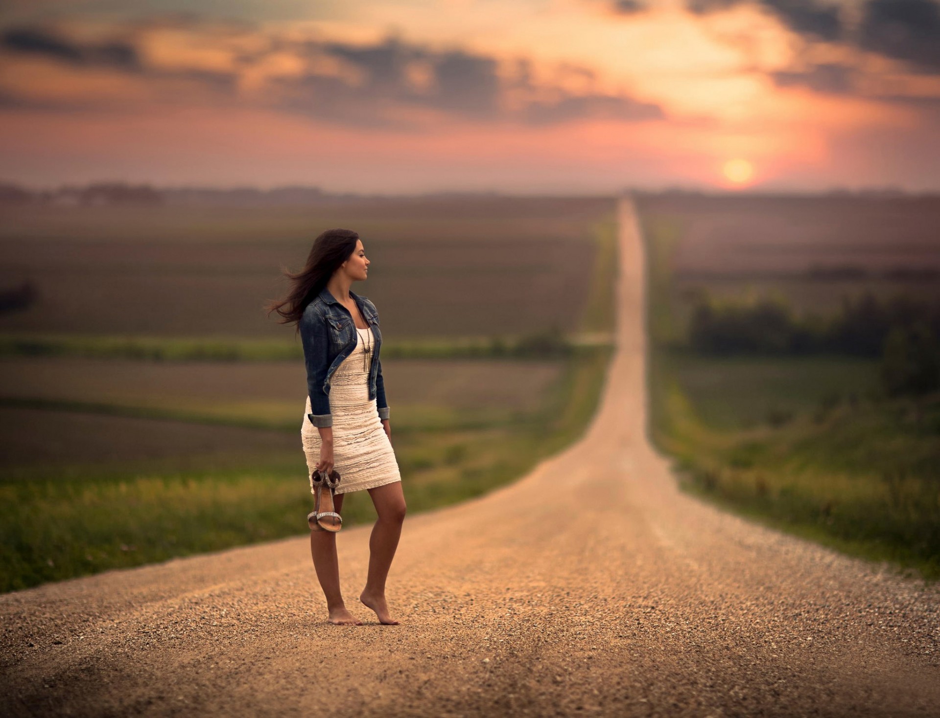 pace bokeh road dress expectation barefoot girl