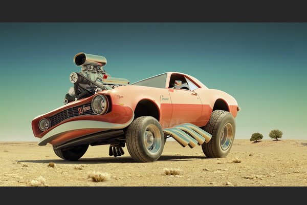 A desert monster all-terrain vehicle on huge wheels plows the sands