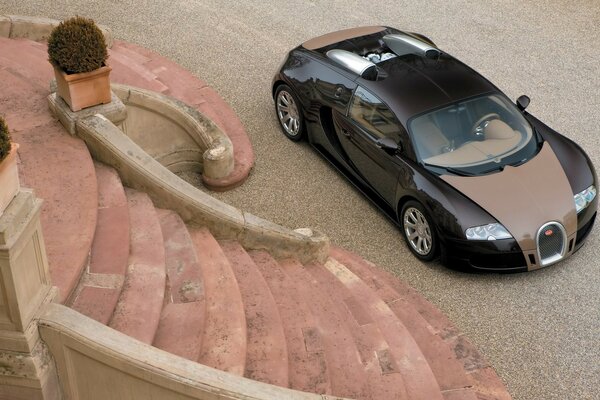 Bugatti veyron parked in front of the porch