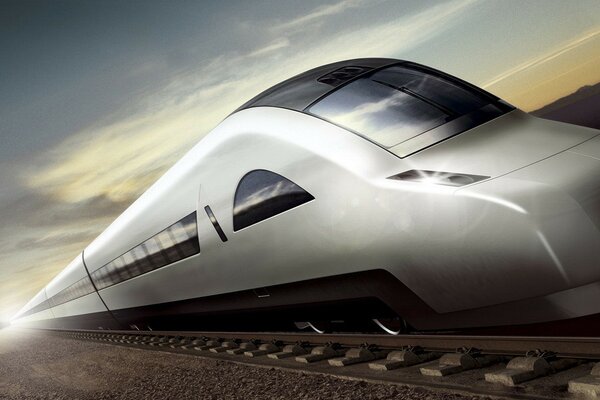 A high-speed train is flying at sunset 