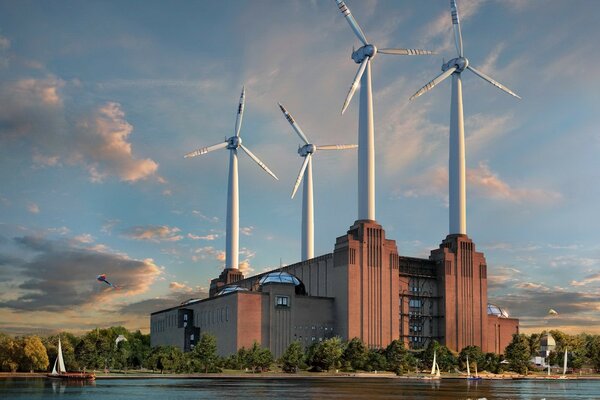 Wind turbines power plants on the river bank