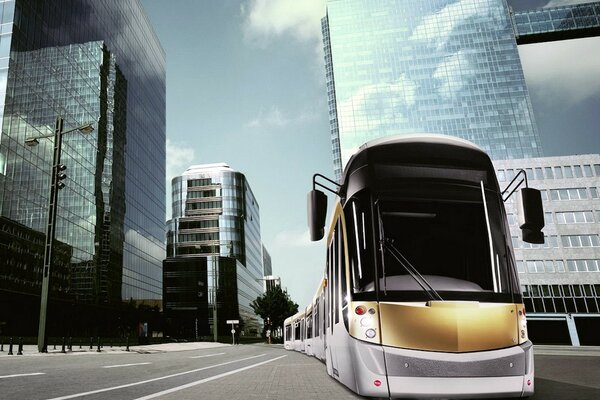 Le tramway du futur comme une fourmi court sur les rails parmi les géants des gratte-ciel