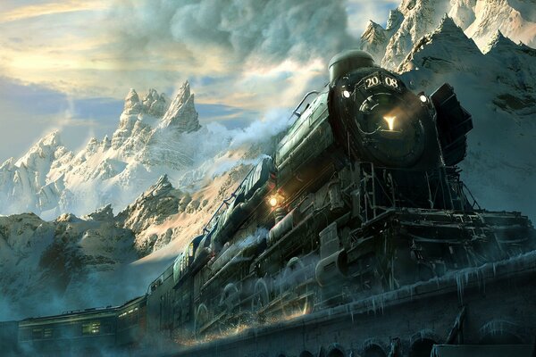 A steam locomotive on a railway bridge among snow-capped mountains