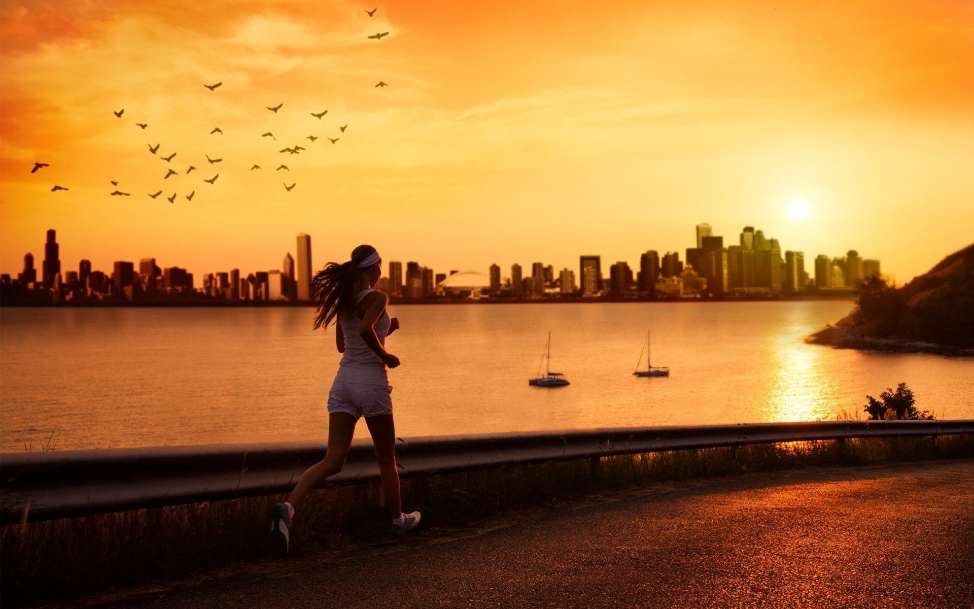 girl river street running road sea a woman sport