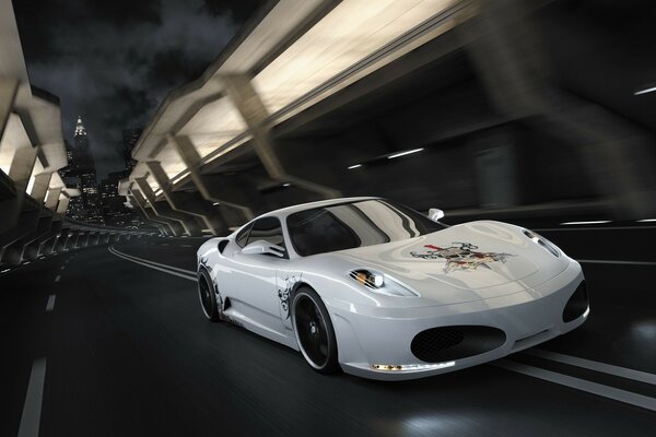 White Ferrari in the tunnel, night lights