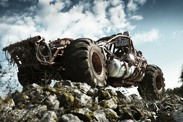 SUV on the background of rocks and clouds