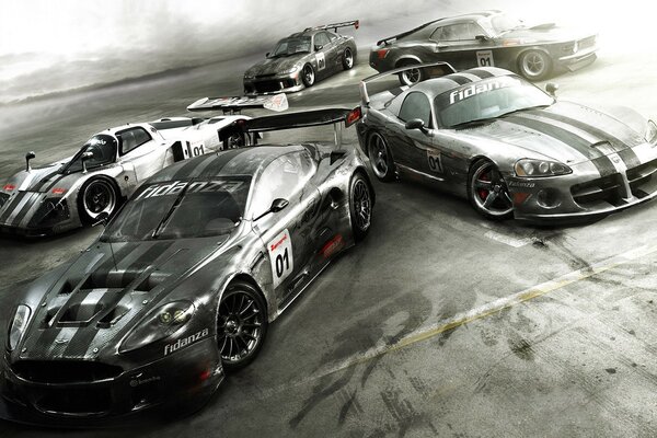 Sports cars in black and white