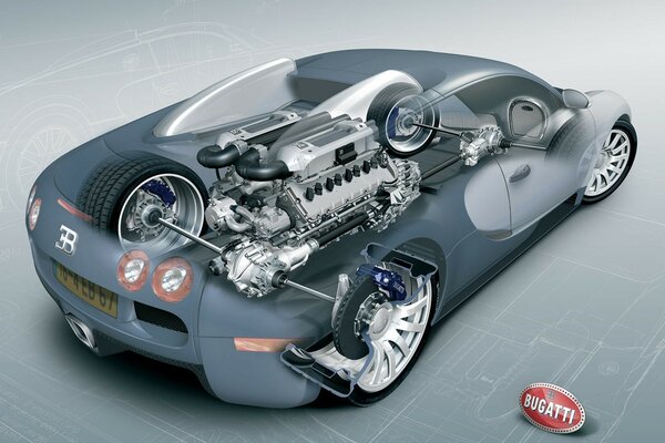 Zeichnung und Diagramm des Bugatti-Motors