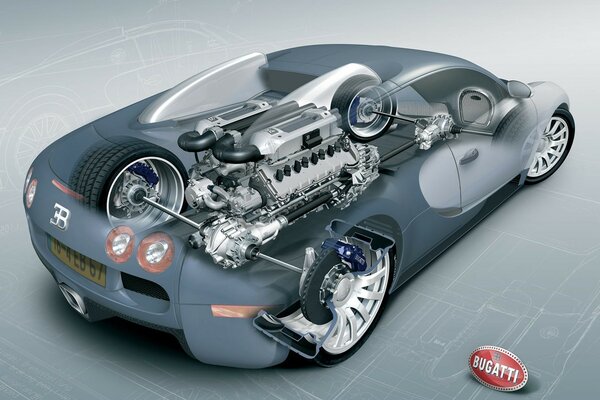 Drawing and diagram of the Bugatti engine