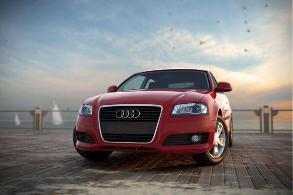 Audi rojo en el fondo del muelle