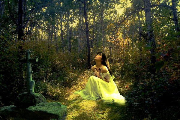 Boyunetka girl in a light dress in the forest