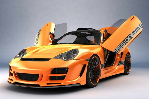 Pomarańczowe Porsche na białym tle