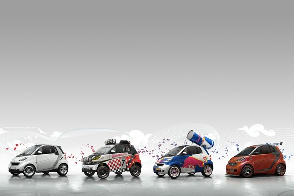 Smart cars standing in a row on a light background