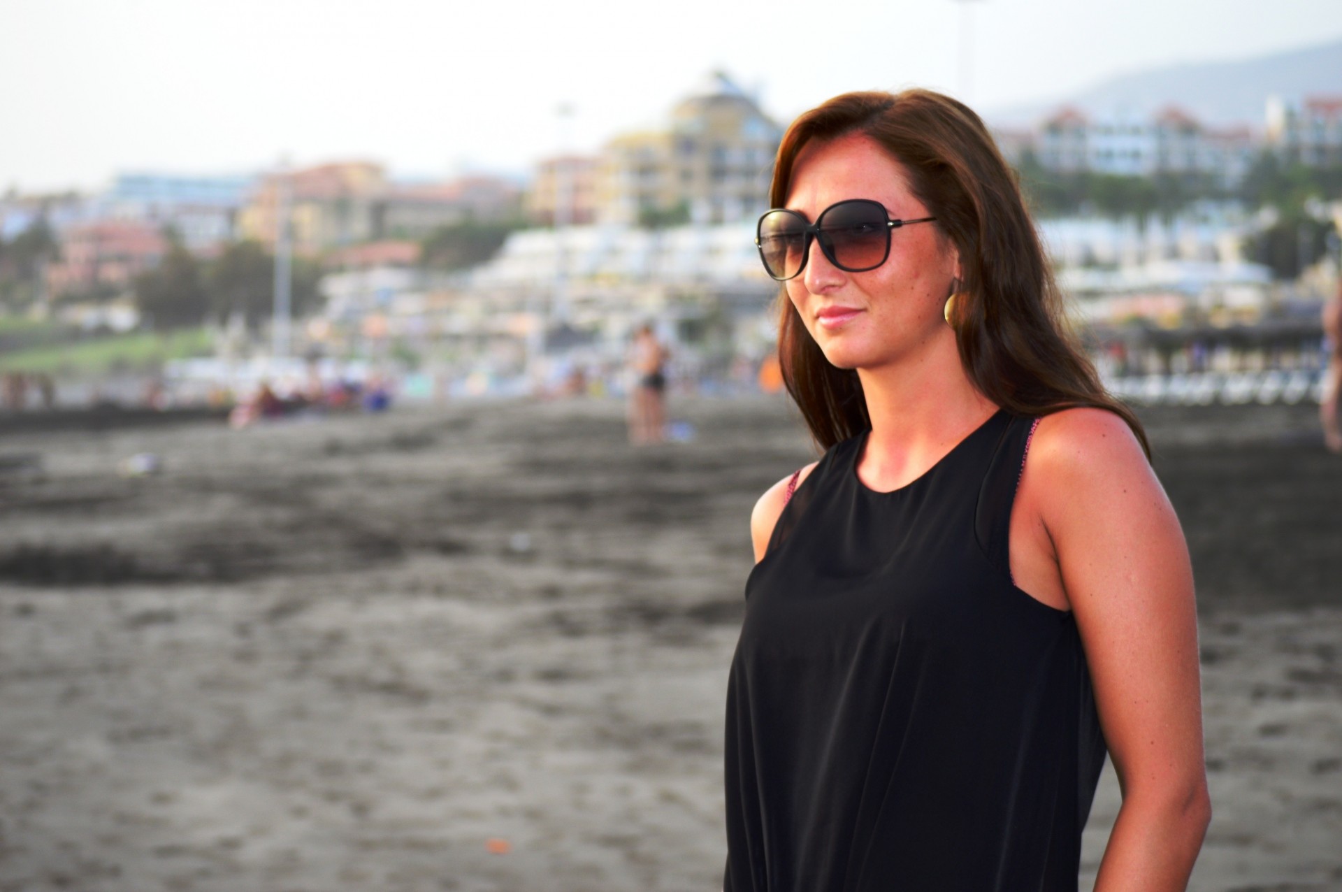 girl lara croft beauty model sunglasses views brunette dress sunset