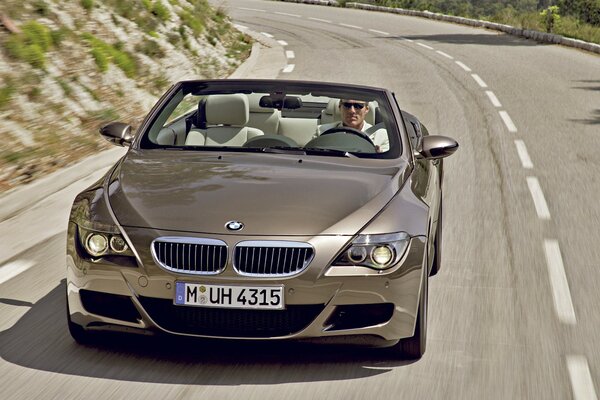 BMW marrón en una carretera montañosa