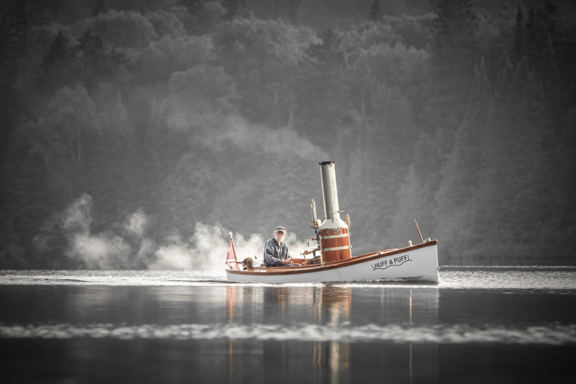 bateau à vapeur bateau vieil homme chien rivière