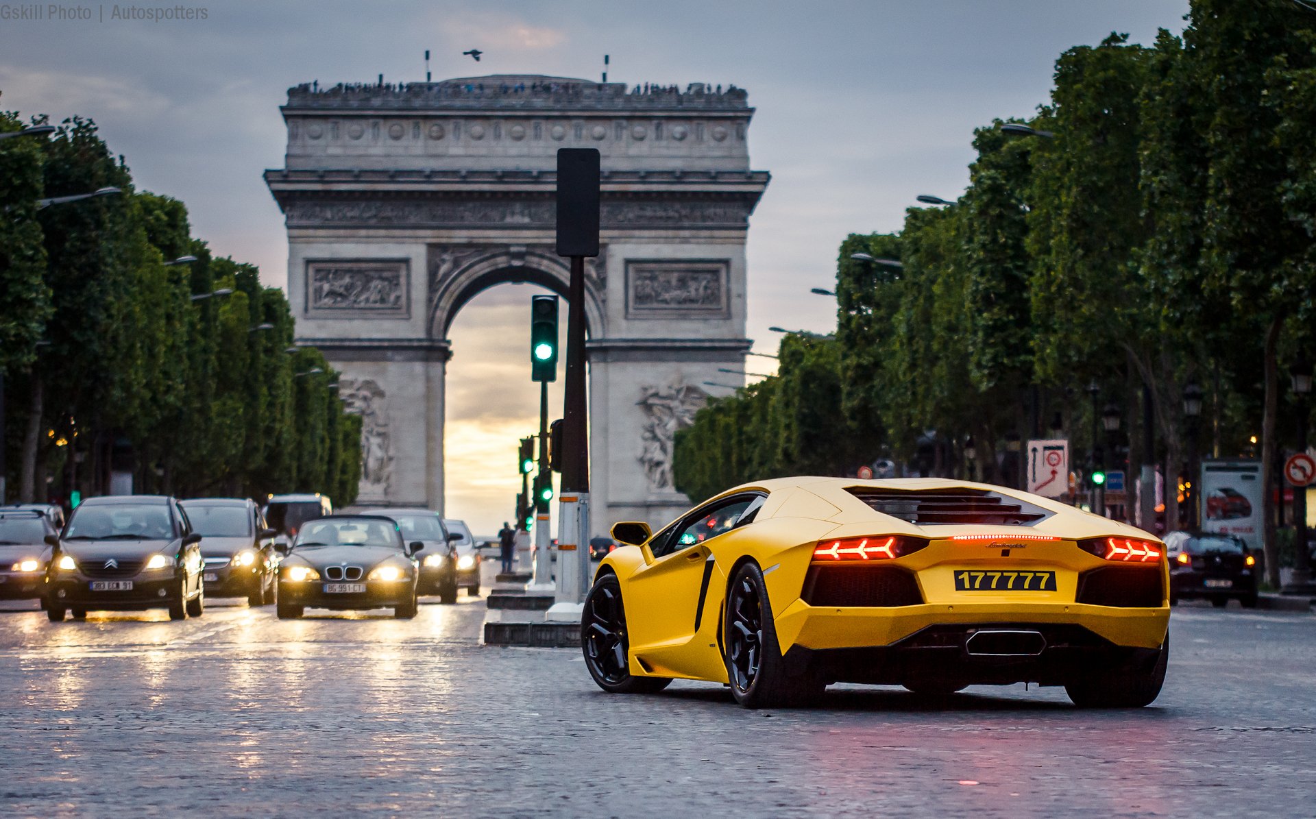 lamborghini aventador paris cars yellow night