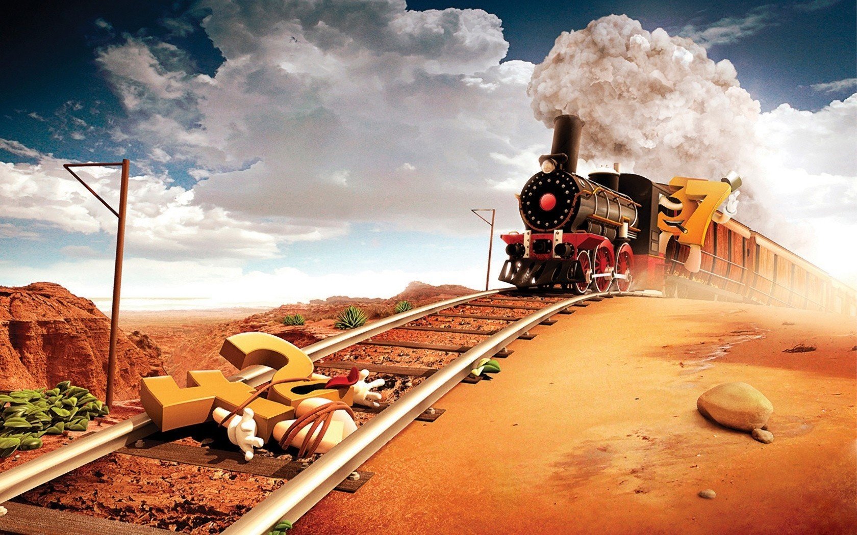 railroad train letters rails clouds desert the engine drawings anime road stones rope post pagarba smoke speed movement