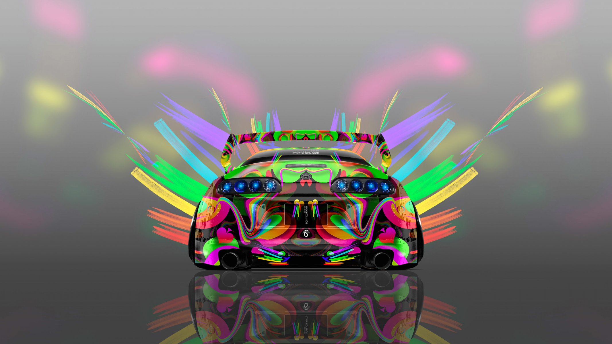 tony kohan toyota sopra jdm super astratto aerografo multicolori neon 4k carta da parati design arte stile photoshop toyota supra vista posteriore luminoso multicolore auto luminoso multicolore auto astratto jedem grigio sfondo 4k