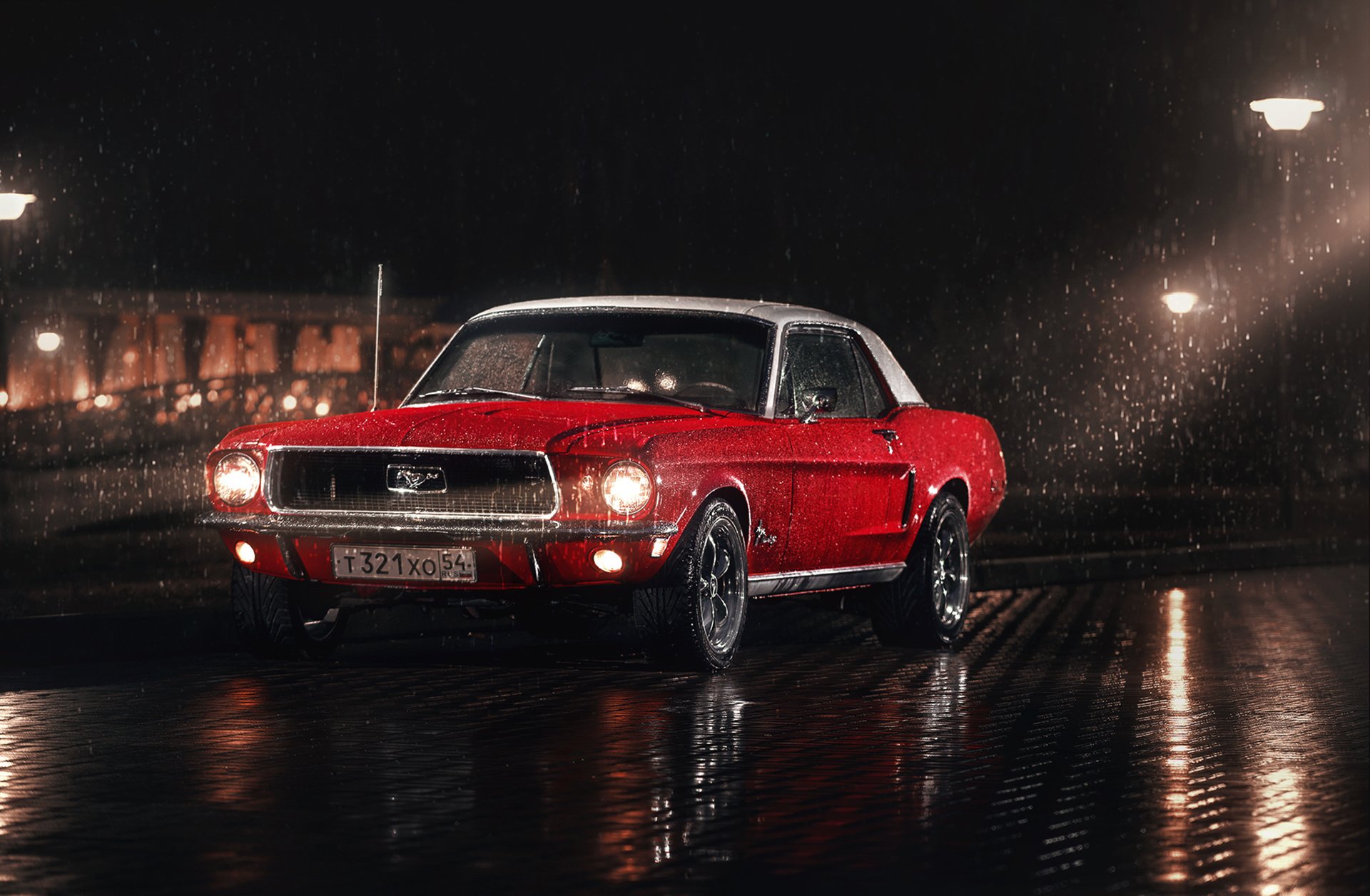 mustang ford 1967 rojo blanco lavadoras estacionamiento postes de luz lluvia