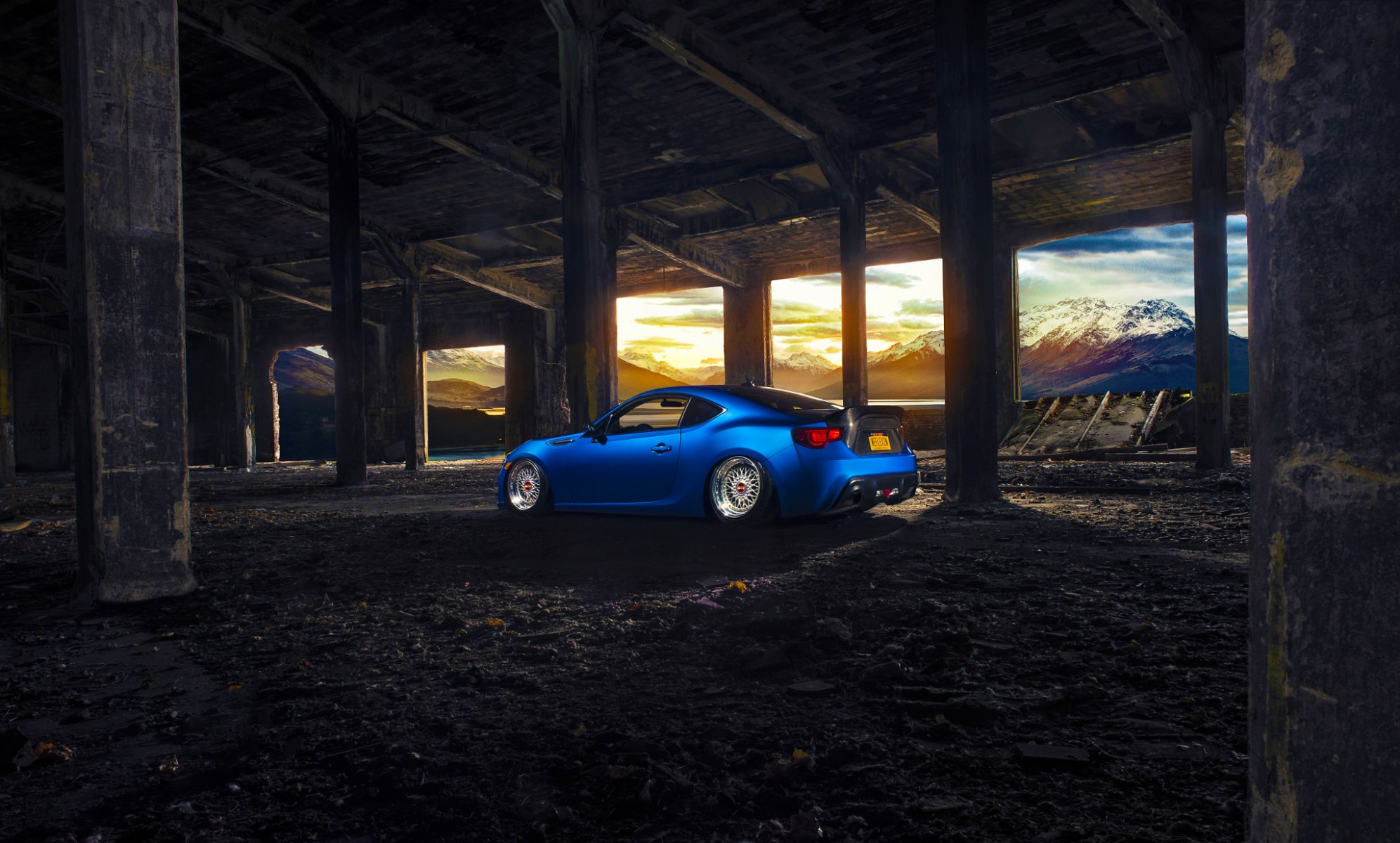 ubaru brz stanceworks bbs roues bleu sport voiture montagne soleil arrière