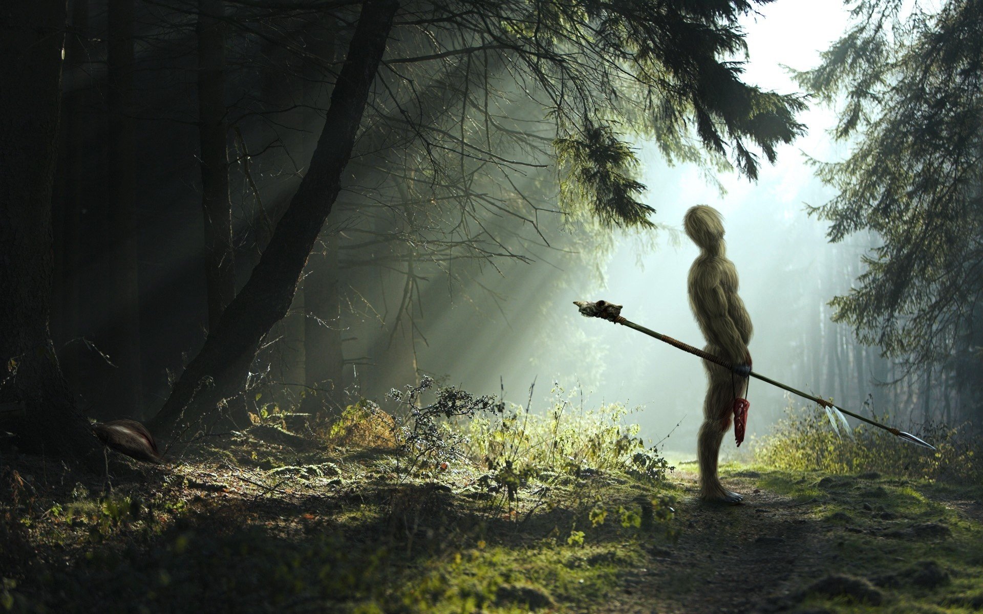 forêt lance verdure homme chasseur