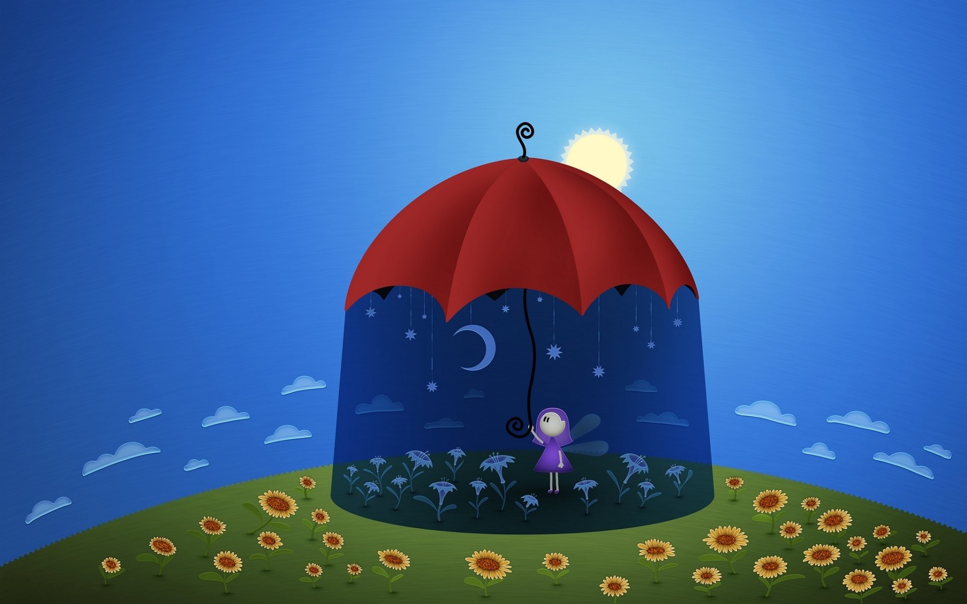 parapluie ombre tournesols fille planète nuages soleil lune jour nuit dessins anime