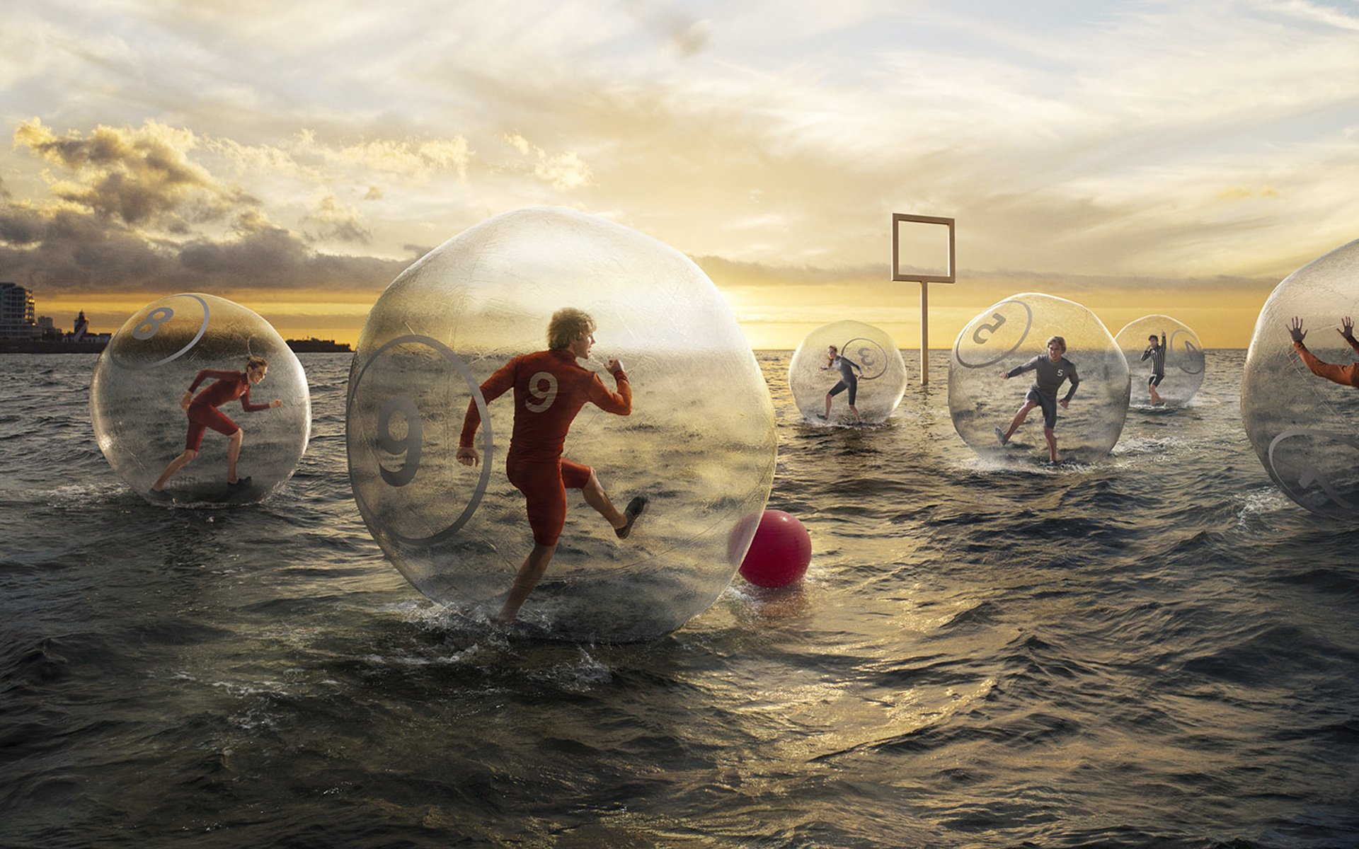 football on the water balloons with air siri water the game team sea clouds sunset the ball the trick