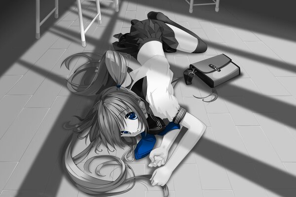 Anime girl in school uniform lying on the floor