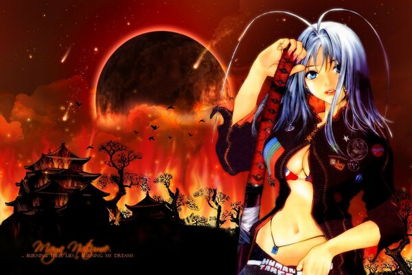 Anime girl on the background of a city engulfed in fire