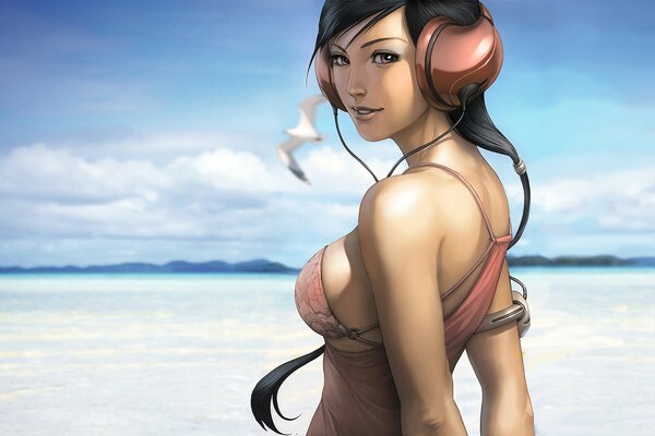 Imagen de una chica con auriculares en la orilla del mar