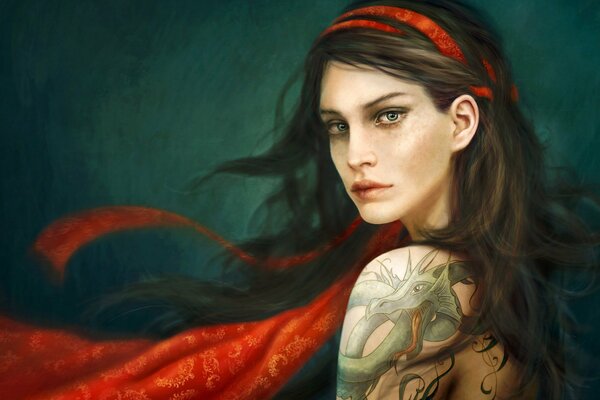 Arte disegno nastro rosso ragazza tatuaggio drago