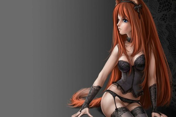 Rousse fille avec des oreilles de renard en lingerie noire