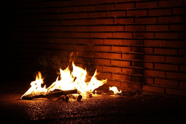 A bonfire is burning against the background of a brick wall and firewood is burning