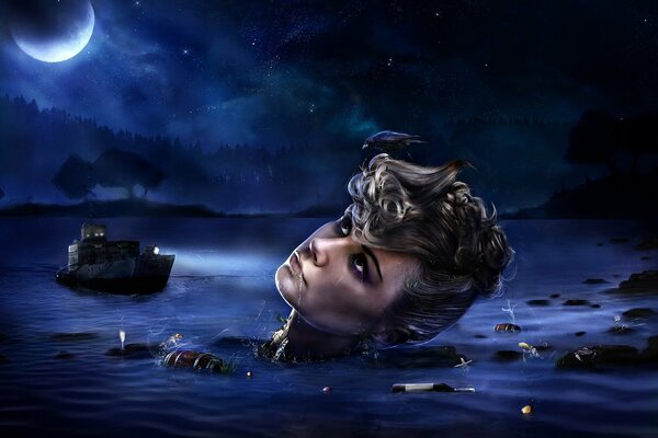 A girl floating in the night sea and looking at the moon