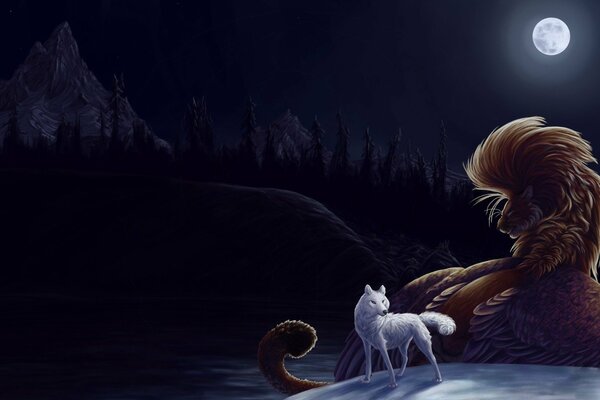 Under the moon, a white wolf went hunting in the forest