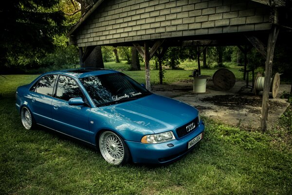 Blaues Audi-Auto auf Naturhintergrund