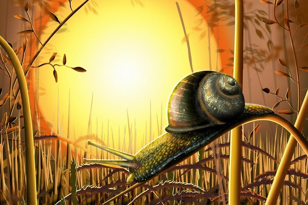 A snail crawls along a blade of grass enjoying the last rays of the sun