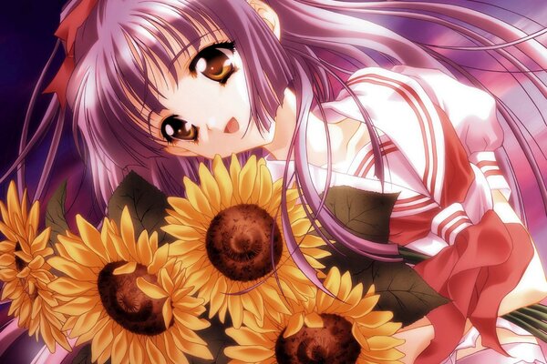 Anime-style girl with a bouquet of sunflowers in her hands