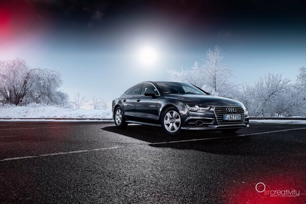 Audi A7 en medio de los árboles de nieve