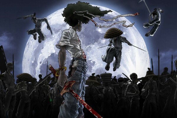 Lucha de afrosamurai en espadas que están en la sangre