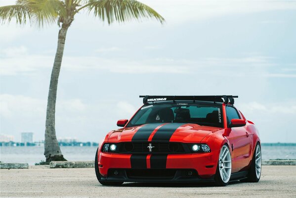 Red Ford mustang with silver wheels