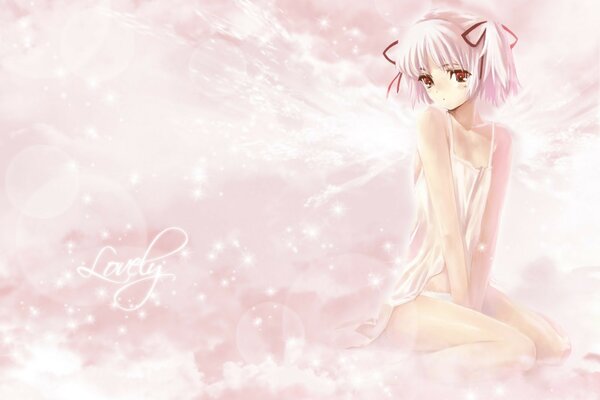 Nuages roses d air autour de tendre anime girl en rose