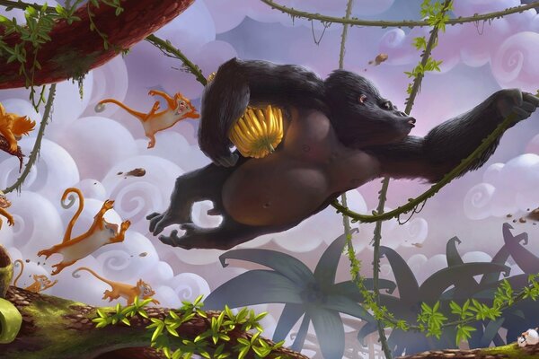 Gorille avec un tas de bananes sautant sur les lianes