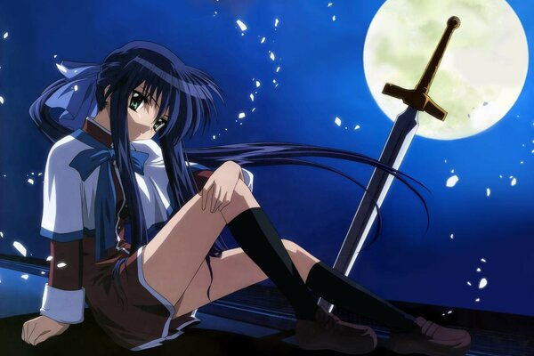 Mädchen unter dem Mond mit einem Schwert im Anime-Stil