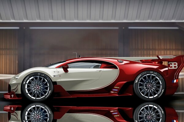 Red bugatti veyron eb 16. 4 sports car in the garage