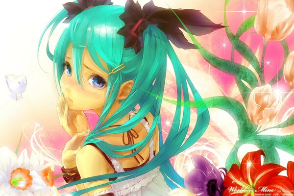 Animated girl in flowers with tails