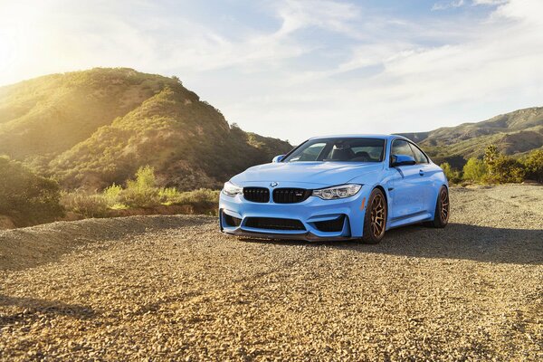 BMW blu sullo sfondo della natura ai raggi del sole