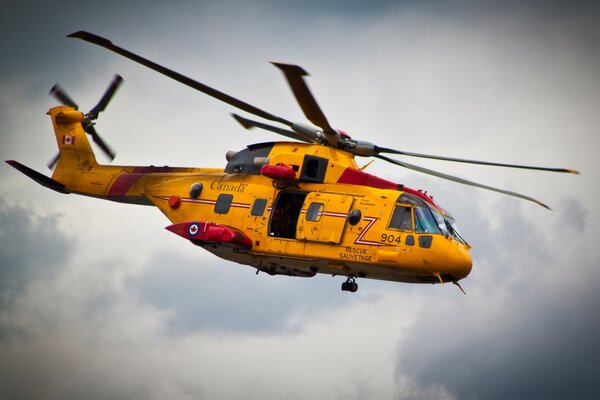 Yellow rescue helicopter in Canada