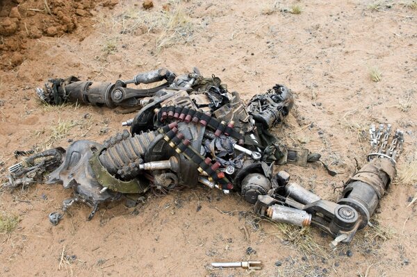The skeleton of the fallen terminator in the sand